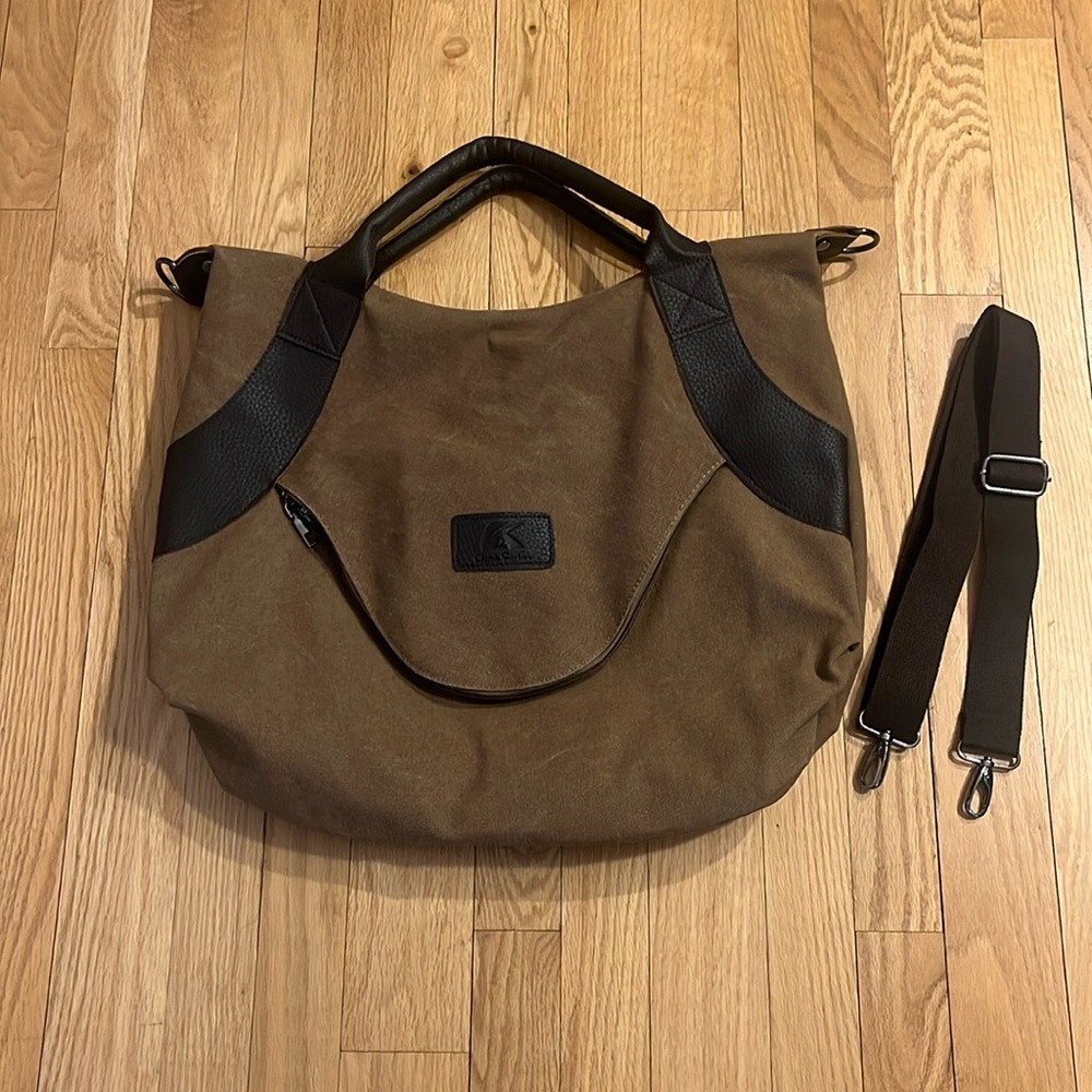 Brown canvas hobo bag with crossbody strap
